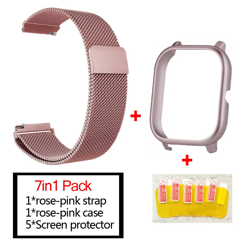 rose pink-rose pink 7в1 умные часы аксессуары для Huami Amazfit GTS ремешок из нержавеющей стали магнитный браслет для Amazfit gts чехол Защитная пленка - Цвет: rose pink-rose pink