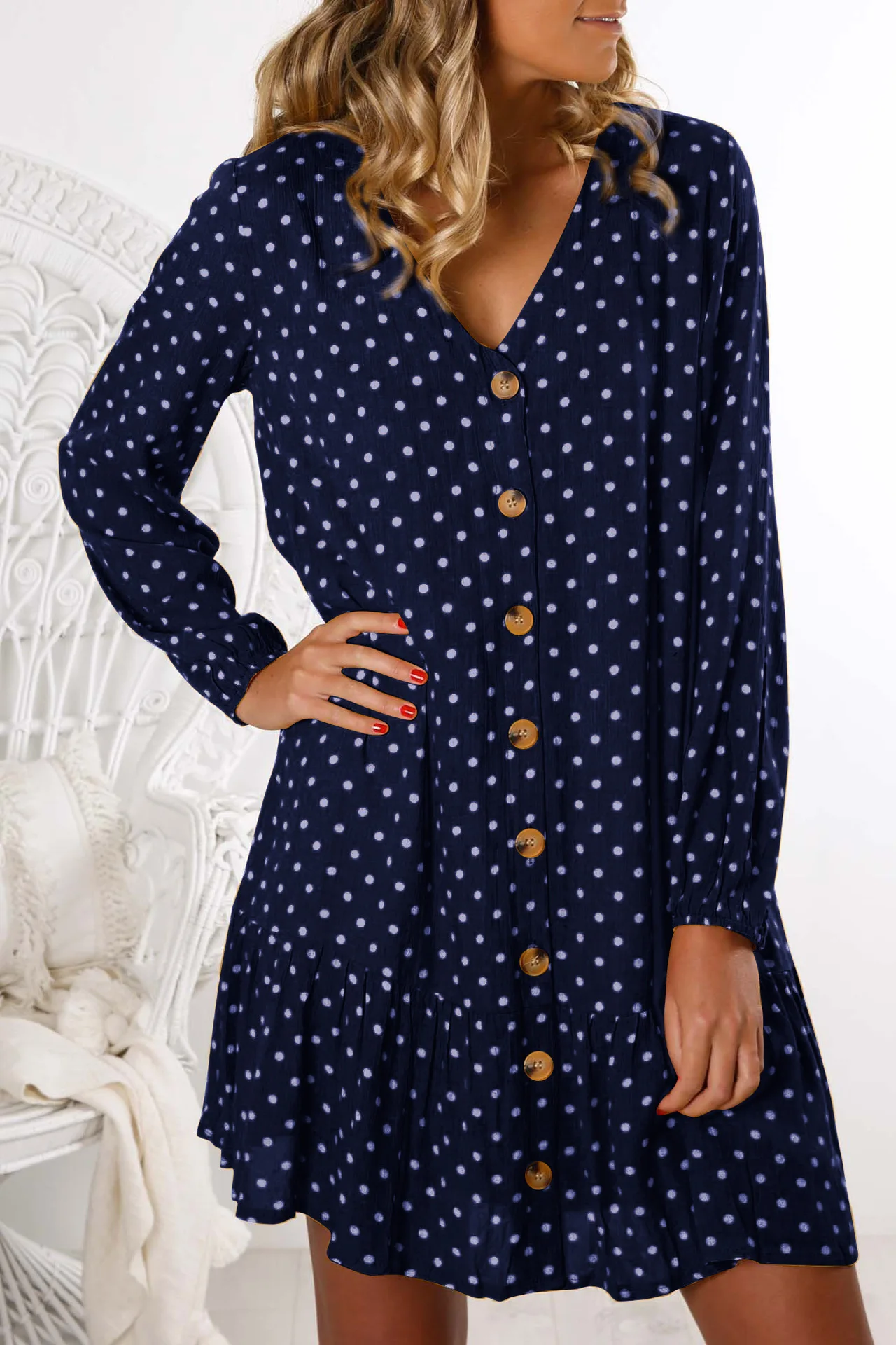 Леди Мода Платье Wave Point Осенне зимняя Дамская обувь с v образной горловиной и