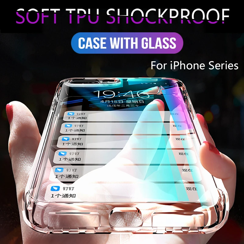 ТПУ противоударный чехол для iphone 11 чехол XR 7 8 Plus защитный чехол для iphone 11 Pro Max XS X 6 6s Plus 5 5S SE чехол со стеклом