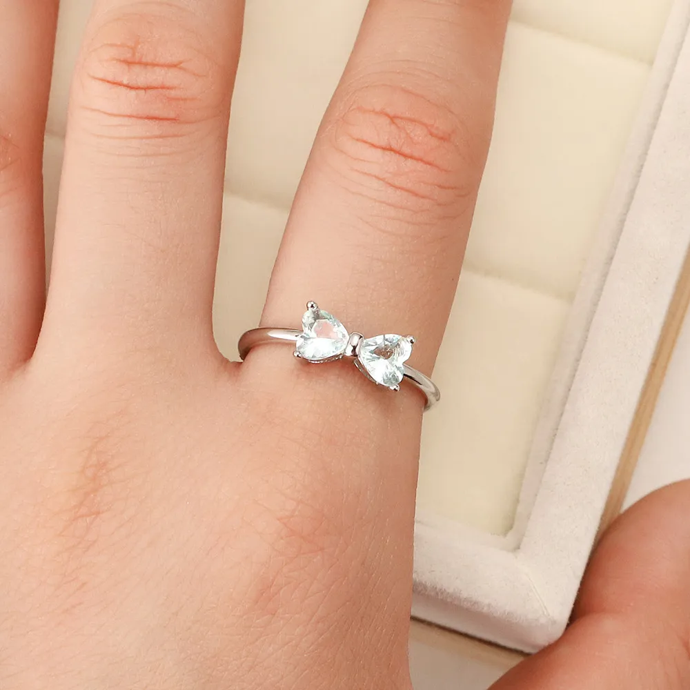 

Best selling European and American fashion S925 Silver Light Sapphire Ring zircon Heart Bow crystal jewelry lady gift