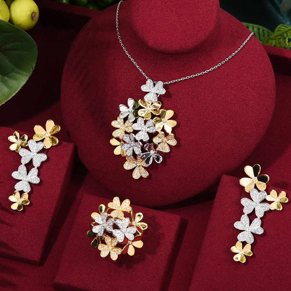 

missvikki New Luxury 2PCS flower boom Pendant Necklace Earrings Jewelry Set Women Wedding Naija Ladies Girl Daily Jewelry Set