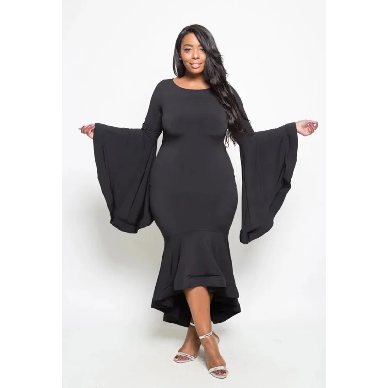 Женское вечернее платье с оборками Черное длинное облегающее большого размера 4xl