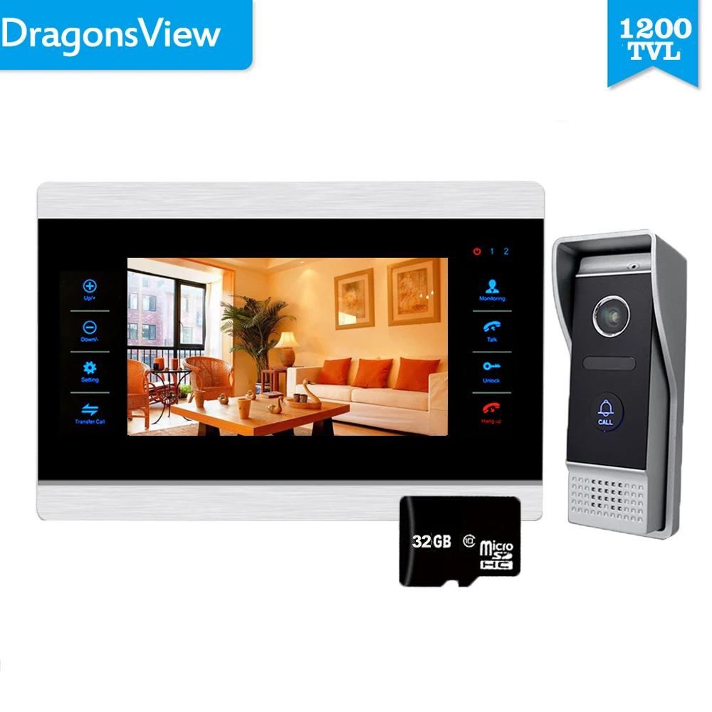 

Dragonsview 4 wires Video Door Phone Intercom System 7 Inch Wired Doorbell with Camera 1200TVL Record Rainproof IP65