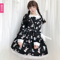 japanese style soft girl new lolita daily dress retro girl musical instrument bunny suit long sleeve black dress