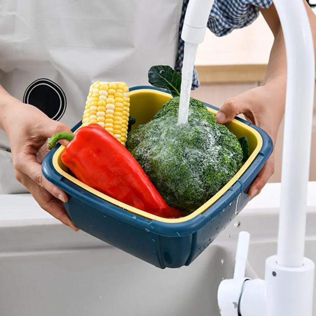 

Двухслойная корзина для слива крышка холодильника Crisper Многофункциональный квадратный большой размер Корзина для мытье овощей кухонный Ор...