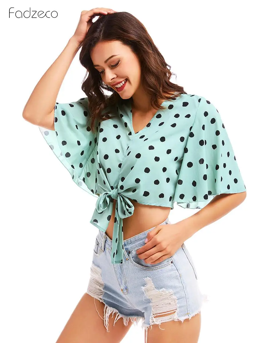 FADZECO 2019 Новая Осенняя Сексуальная рубашка с принтом в горошек шифоновый топ
