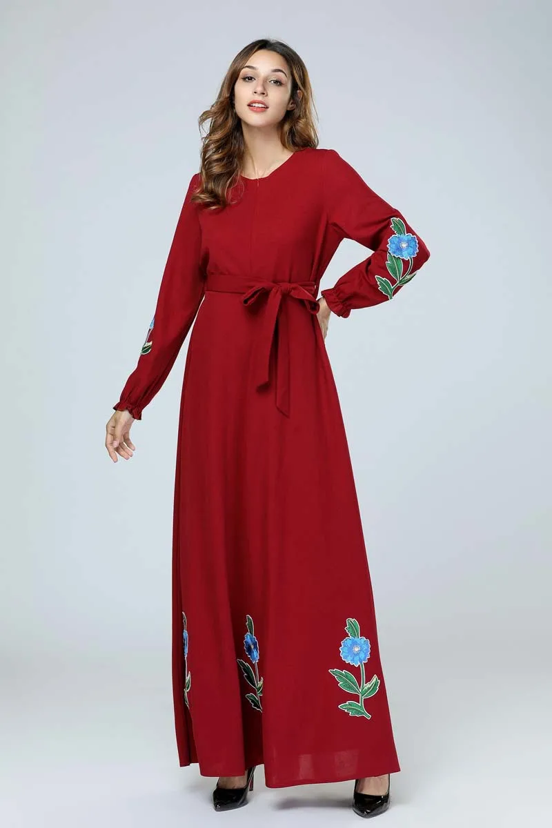 Длинная мусульманская юбка Abaya Турецкая Свободная с вышивкой и длинными рукавами