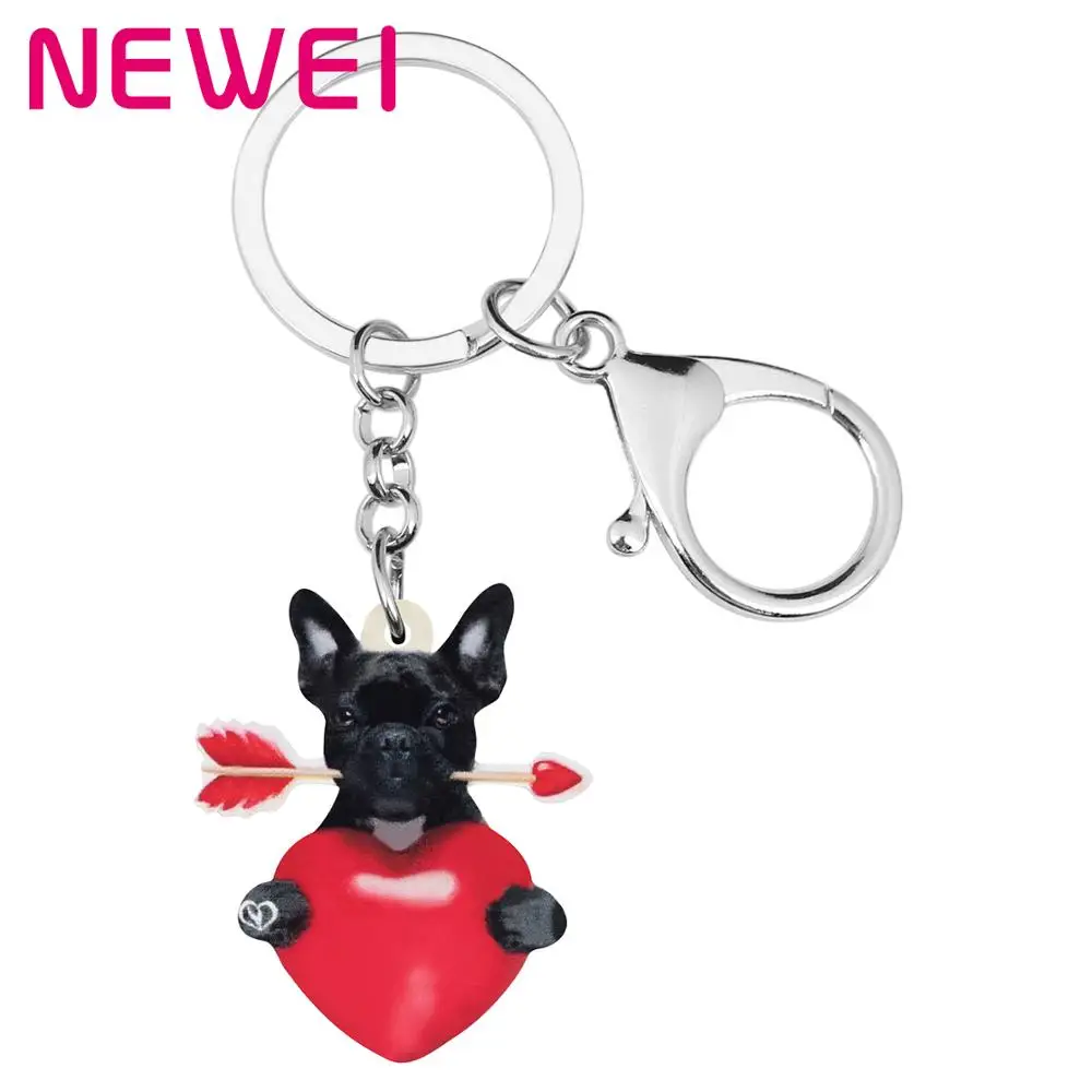 

NEWEI Acrylic Valentine's Day Arrow Heart Bulldog Dog Key Chains Animal Key Ring Bag Car Purse Keychain For Women Girl Teen Gift