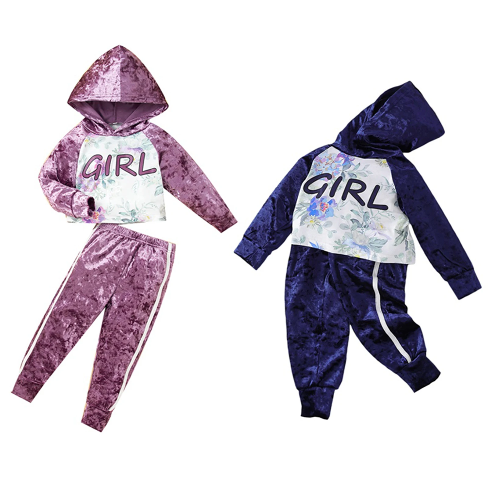 

New Girls Causal Two-piece Clothes Set, Floral and Letters Print Hoodie and Elastic Waist Pants, Dark Blue/ Purple