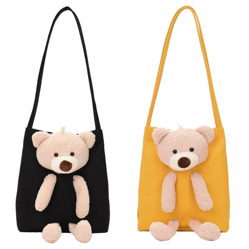 

2 Pcs Fashion Cute Bear Women's Canvas Shoulder Bag Handbag Casual Cartoon Daily Travel Bag Black & Yellow