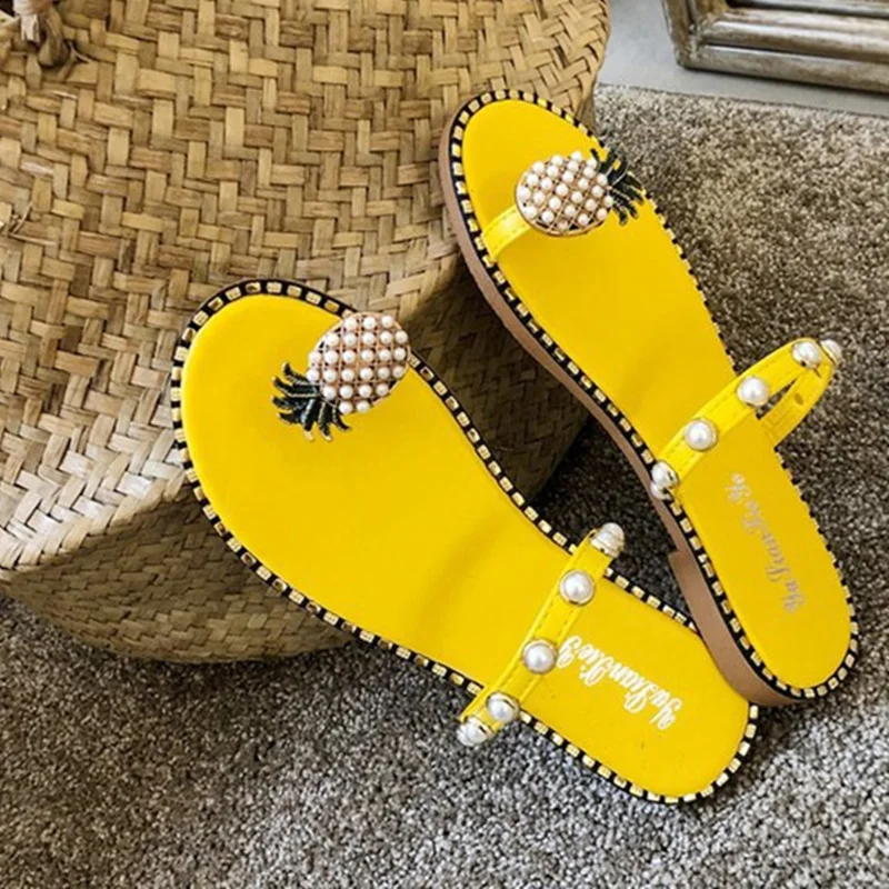 Сандалии женские с ананасовым жемчугом босоножки кольцом плоская подошва