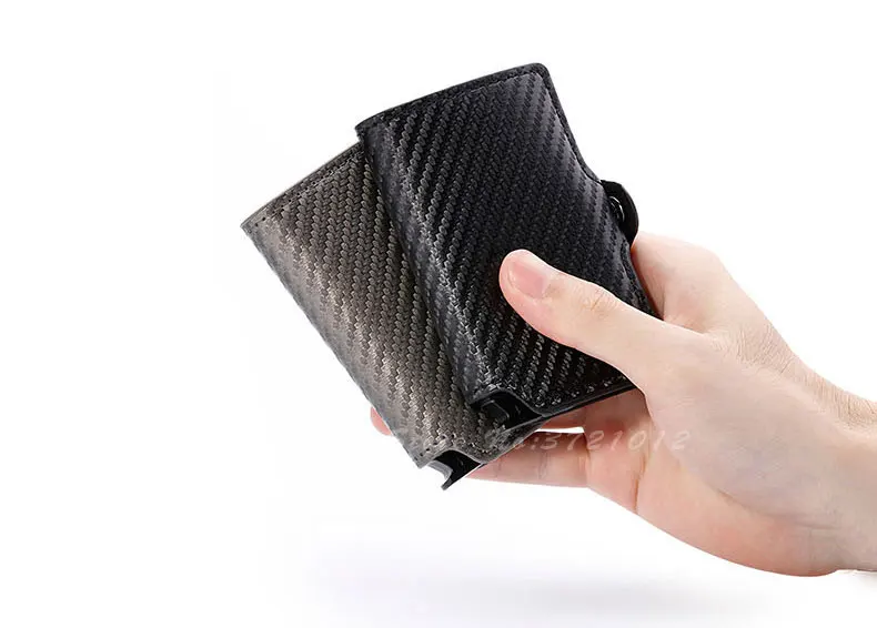 RFID модный мужской карбоновый кожаный держатель для кредитных карт Автоматический Алюминиевый металлический держатель для карт мужской кошелек Тонкий Чехол кошелек