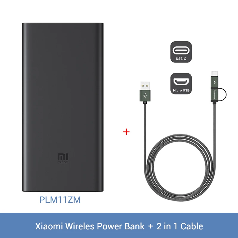 Add 2 in 1 Cable Xiao mi Беспроводной внешний аккумулятор 10000 мАч PLM11ZM usb type C mi внешний аккумулятор 10000 Qi Быстрое беспроводное зарядное устройство Портативная зарядка повербанк - Цвет: Add 2 in 1 Cable