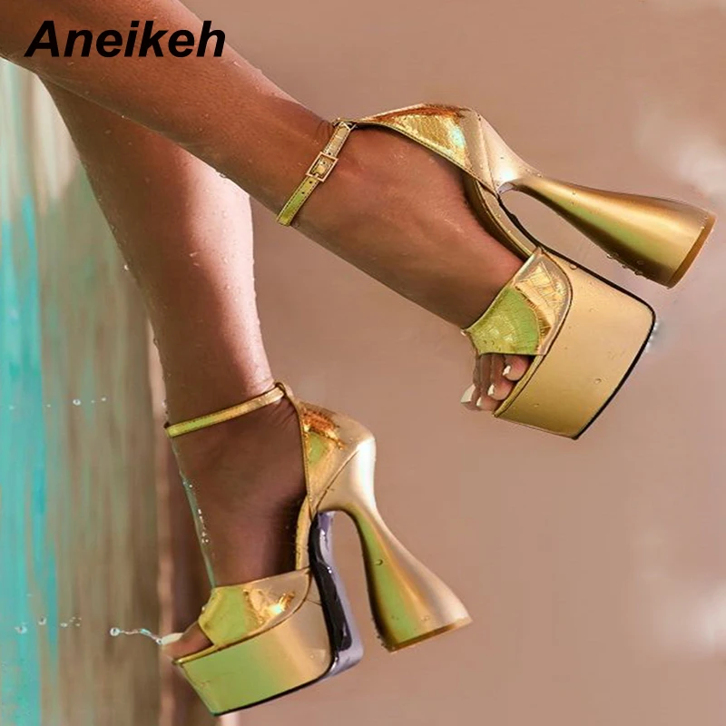 

Aneikeh NEW Summer High Heels Platform Sandals Women Fashion Sandalias Shoes Patent Leather Strange Style Party Pumps Ankle-Wrap