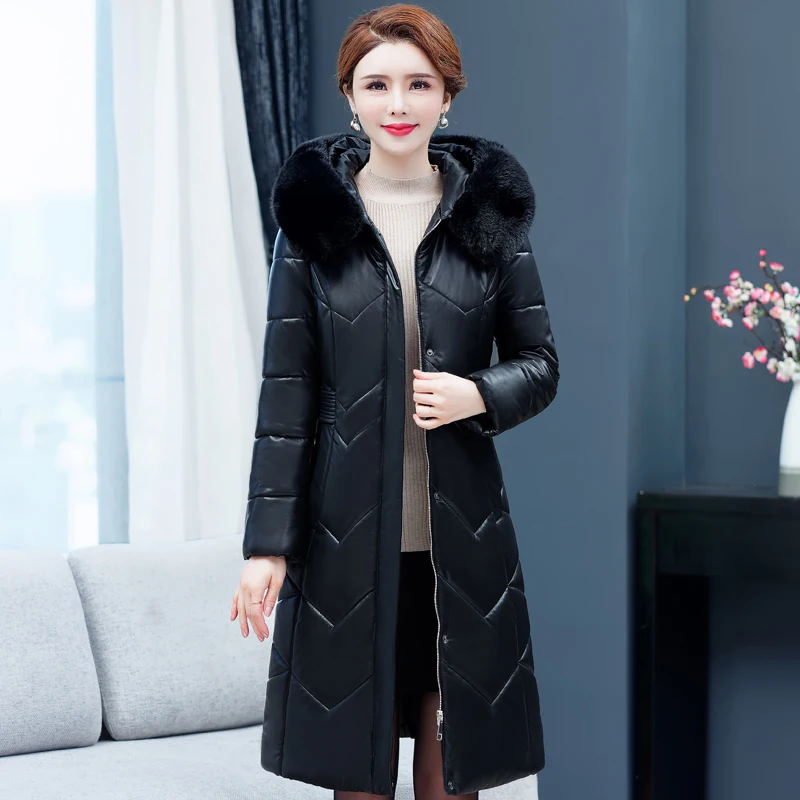 

2021 Winter Leather Jacket Women Fur Collar Long Coat For Mother Slim Elegant Thicken Warm Cotton Woman Parkas Hooded Outwear