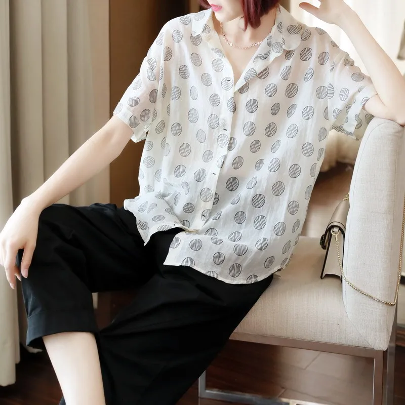 

Print Polka Dot Chiffon Tops Women 2020 Short Sleeve Singer Breasted Korean Vogue Shirt Ladies Casual Elegant Shirts for Women