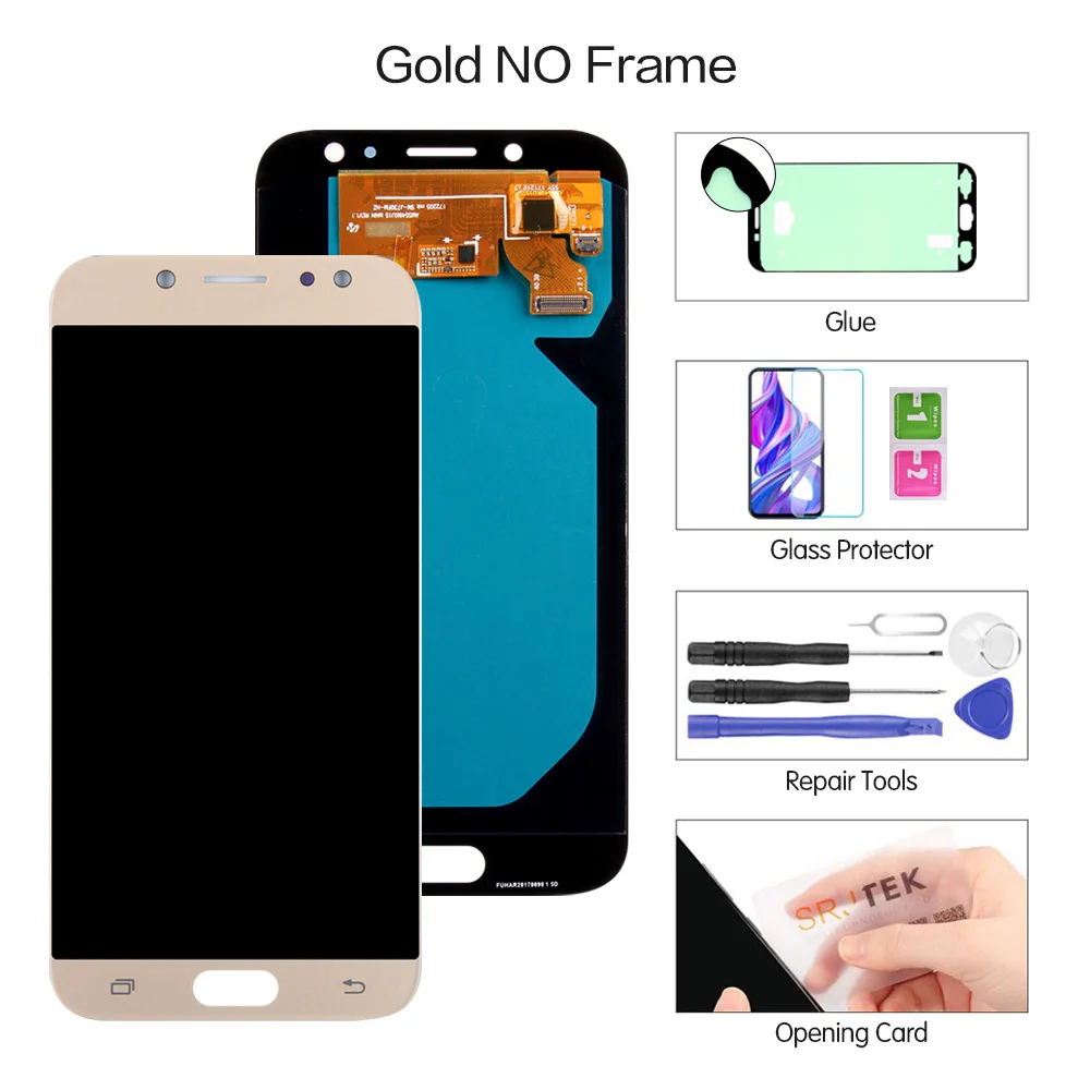 Gold no Frame Super AMOLED lcd s для samsung Galaxy J7 Pro J730 J730F ЖК-дисплей с кодирующий преобразователь сенсорного экрана в сборе закалённое стекло - Цвет: Gold no Frame