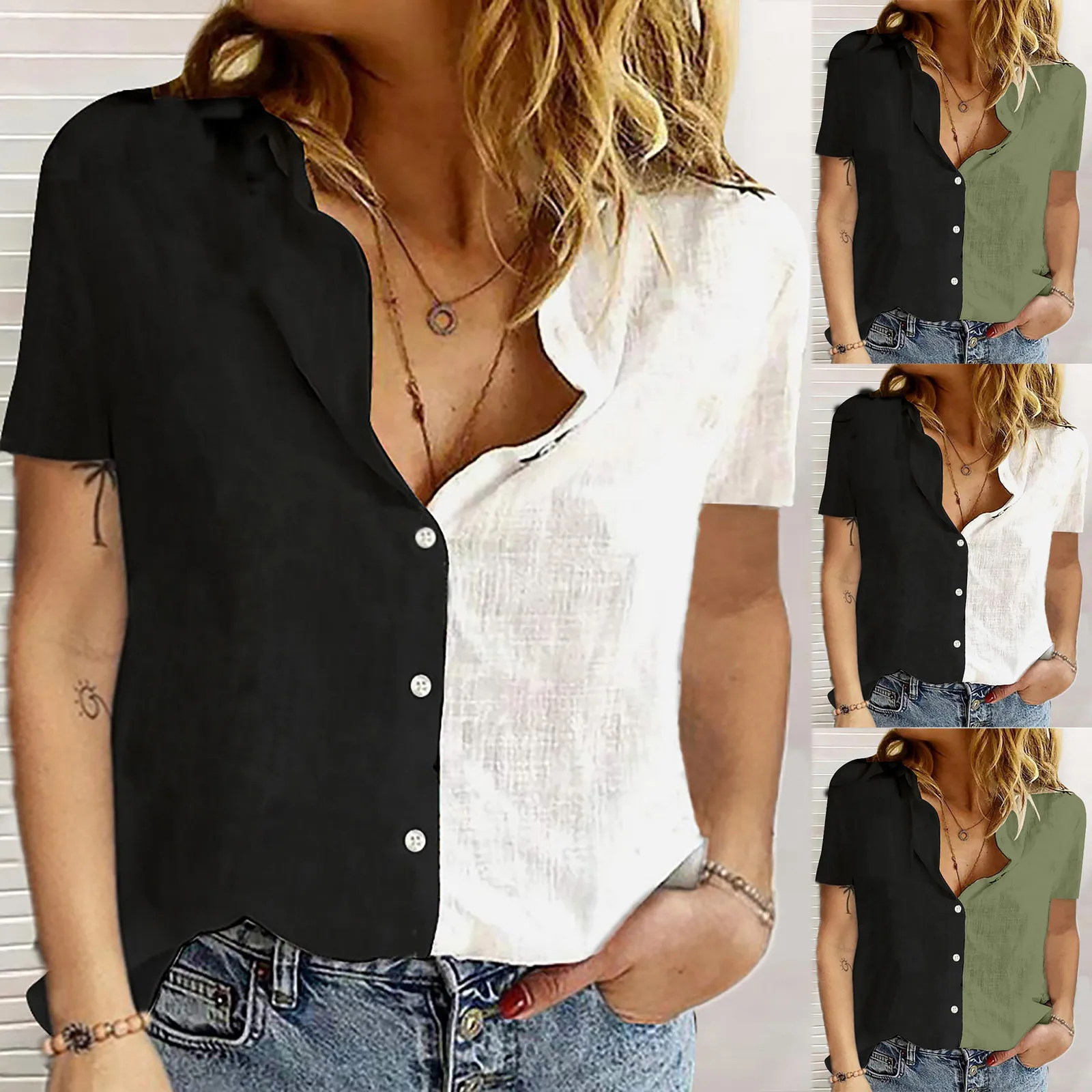 

New Women's blouses Fashion femme Loose Button Splicing Lapel Short Sleeves shirt Blouse Tops Summer Female Shirts Blusas Tops