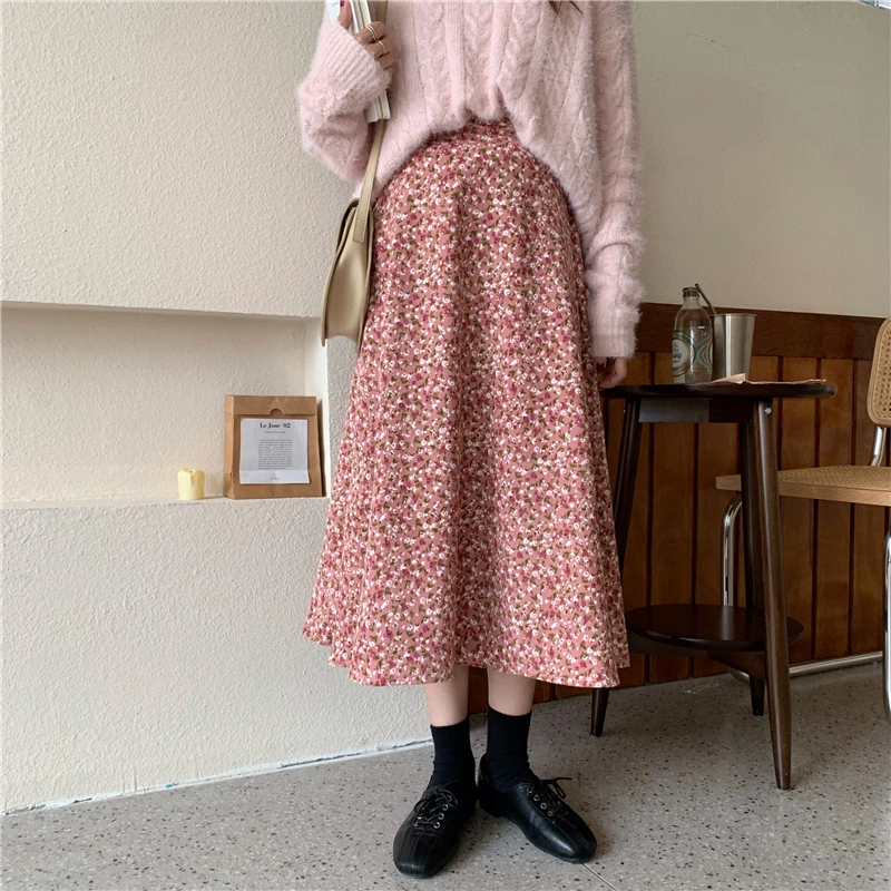 Вельветовая винтажная плиссированная женская уличная юбка миди с цветочным