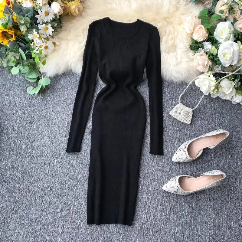 2019 женское осеннее зимнее Повседневное платье свитер облегающее однотонное
