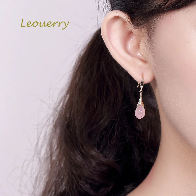 

Leouerry Natural Strawberry Quartz Magnolia Drop Earring 925 Sterling Silver Wild Pink Crystal Earrings Women Luxury Jewelry