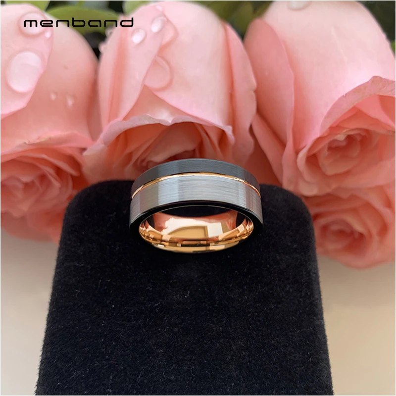 Black Rose Gold Tungsten Engagement Rings for Men Women Offset Grooved And Brushed Finish 8MM Comfort Fit | Украшения и
