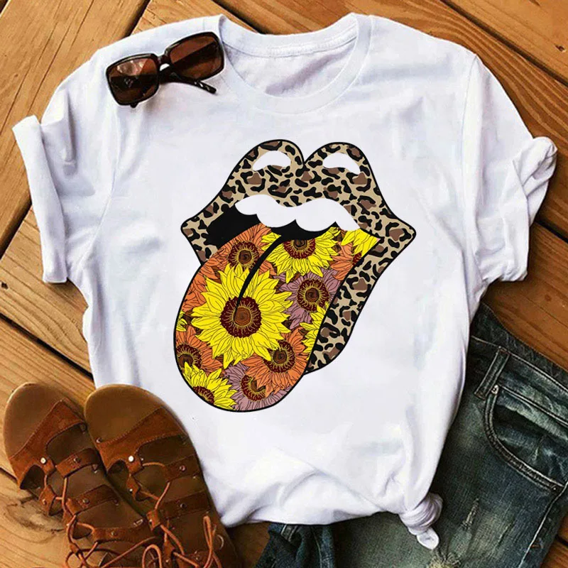 

Flower Leopard Lip Print Women T Shirt Short Sleeve O Neck Loose Women Tshirt Ladies Tee Shirt Tops Clothes Camisetas Mujer