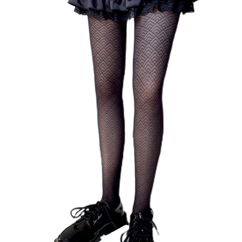 

573B женские темные готические прозрачные черные колготки, геометрические ромбовидные рыбьи весы, узорчатые тату Колготки, жаккардовые чулк...