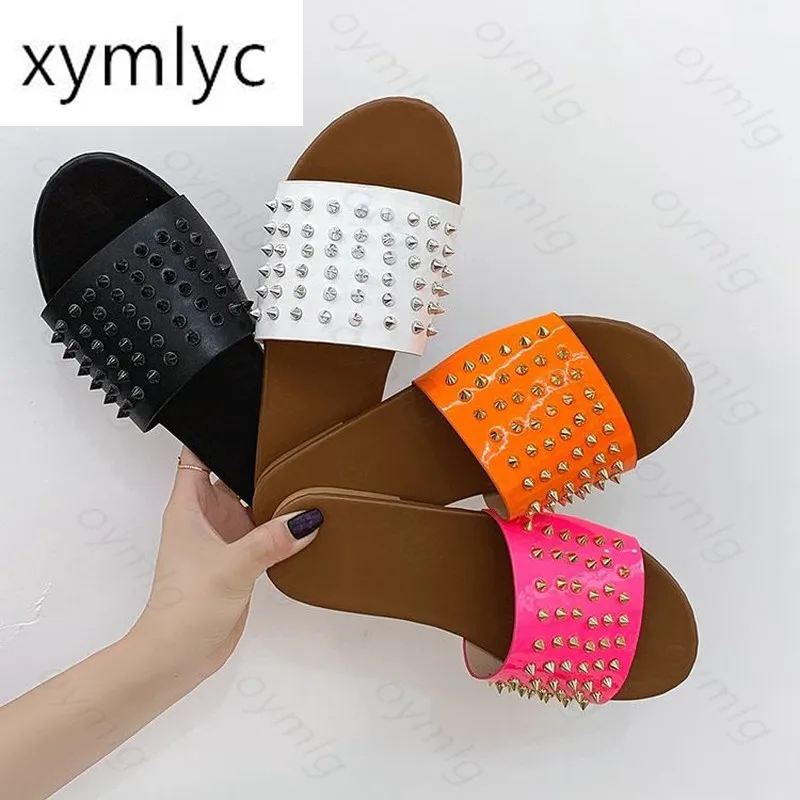 

Sexy Rivet Women's Flat Slippers Glitter Summer Sandals Bling Female Candy Color Flip Flops Beach Slides Casual Outdoor Sandals