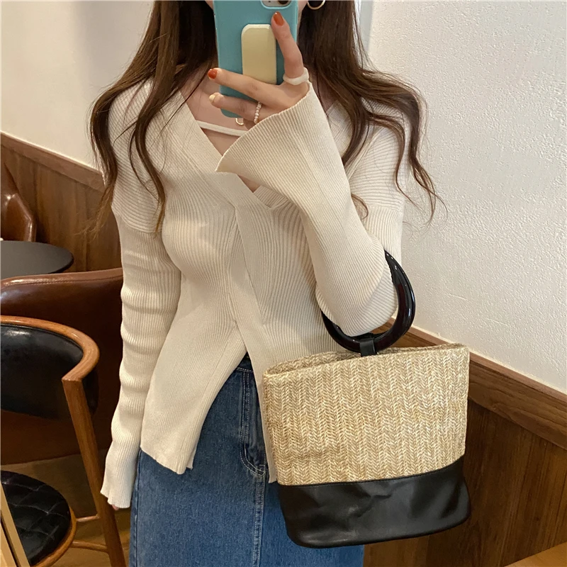 

HziriP V-Neck Criss-Cross Women Sweater Full Sleeve Belt Skinny Knit Solid Top Fashion Gentle Korea 2021 New Autumn Elegant