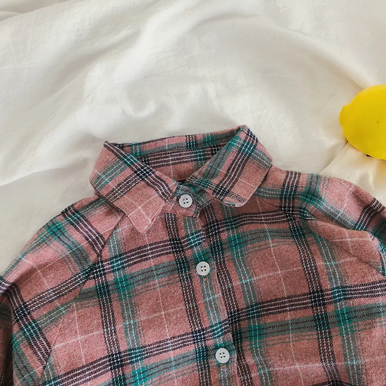 Korean style fashion girls plaid long shirts kids children cotton sanding oversized sleeve shirt Tops | Детская одежда и обувь