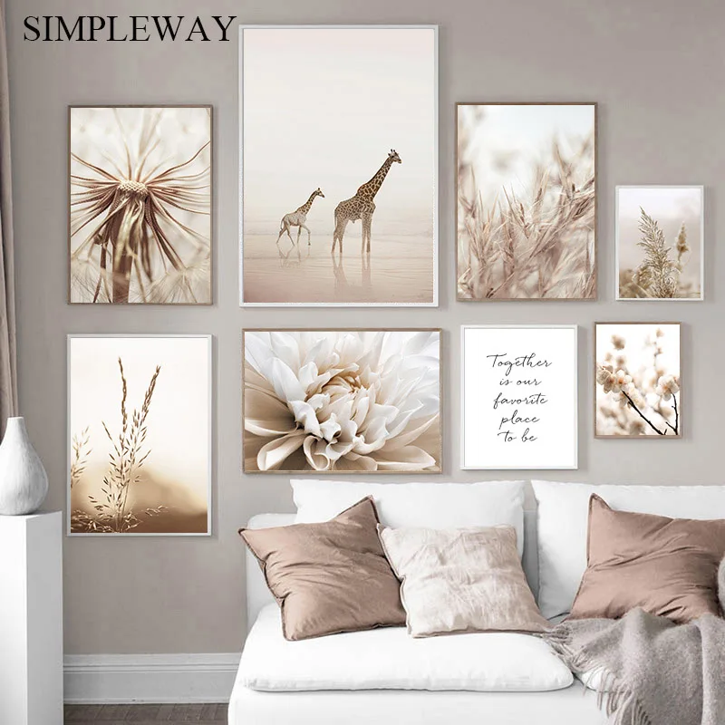 

Beige Botanical Flower Nature Poster Nordic Giraffe Sunset Landscape Painting Canvas Art Print Wall Picture Living Room Decor