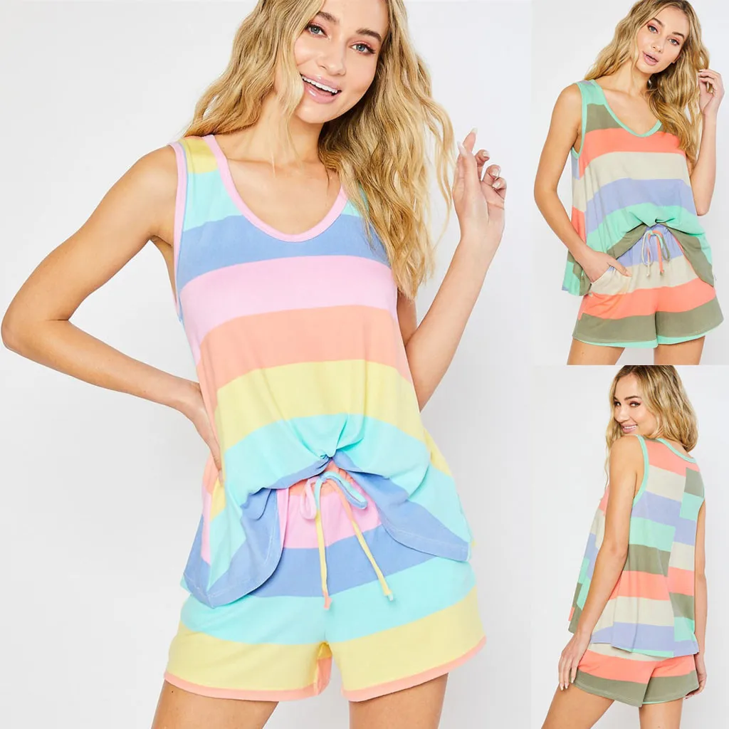 

Rainbow Stripes Loungewear Sleeveless Pajamas Casual Comfort Loose Homewear Women Round Neck Vest Shorts Set Lovely Pyjamas Set