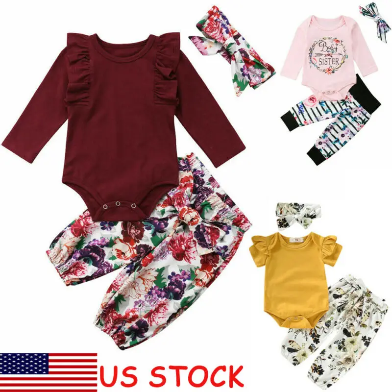 Pudcoco Baby Girls Clothes Sets Long Sleeve Bodysuit Tops Floral Pants Headband 3Pcs Flowers Cotton Summer Infant Outfits 0-2Y | Детская