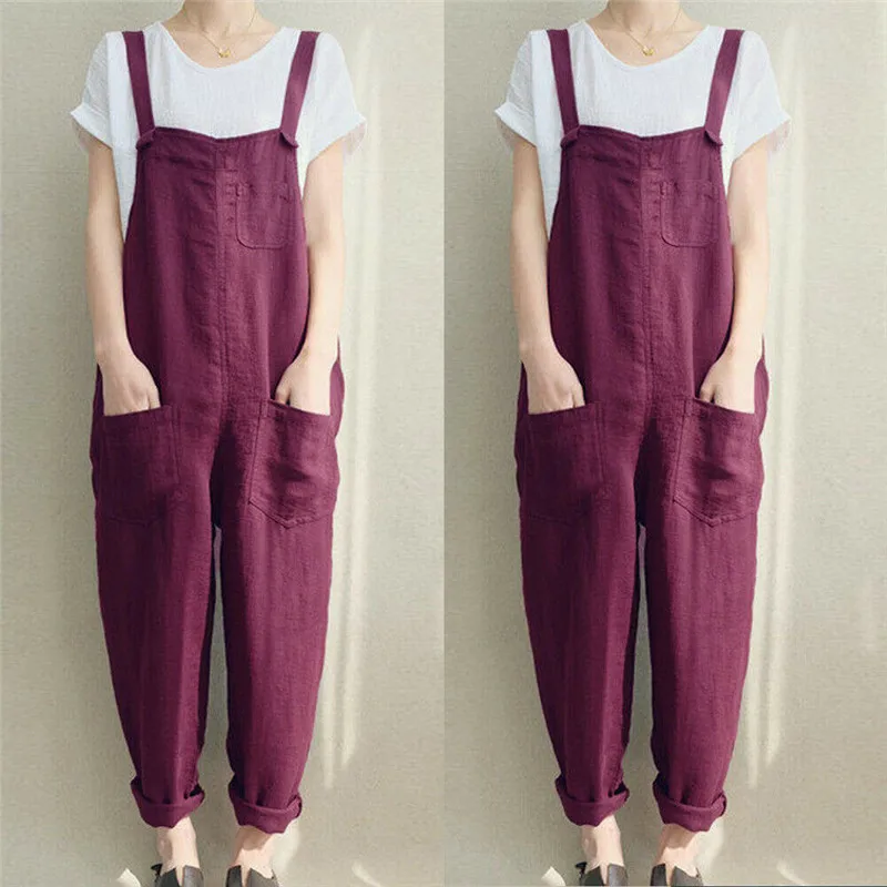 

4XL Womens Sleeveless Dungarees Rompers Cotton Linen Jumpsuit Loose Preppy Style Pants Casual Pocket Overalls Playsuits