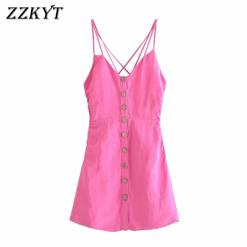 ZZKYT 2021 Women Summer Fashion Solid Button Mini Dress Vintage V-Neck Backless Tin Tie Straps Female Party Dresses Mujer