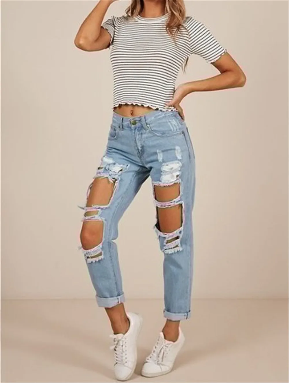 

Summer women's jeans mid-waist women'sjeans casual women's jeans ripped jeans slim fashion women's trousers cuffed women's jeans