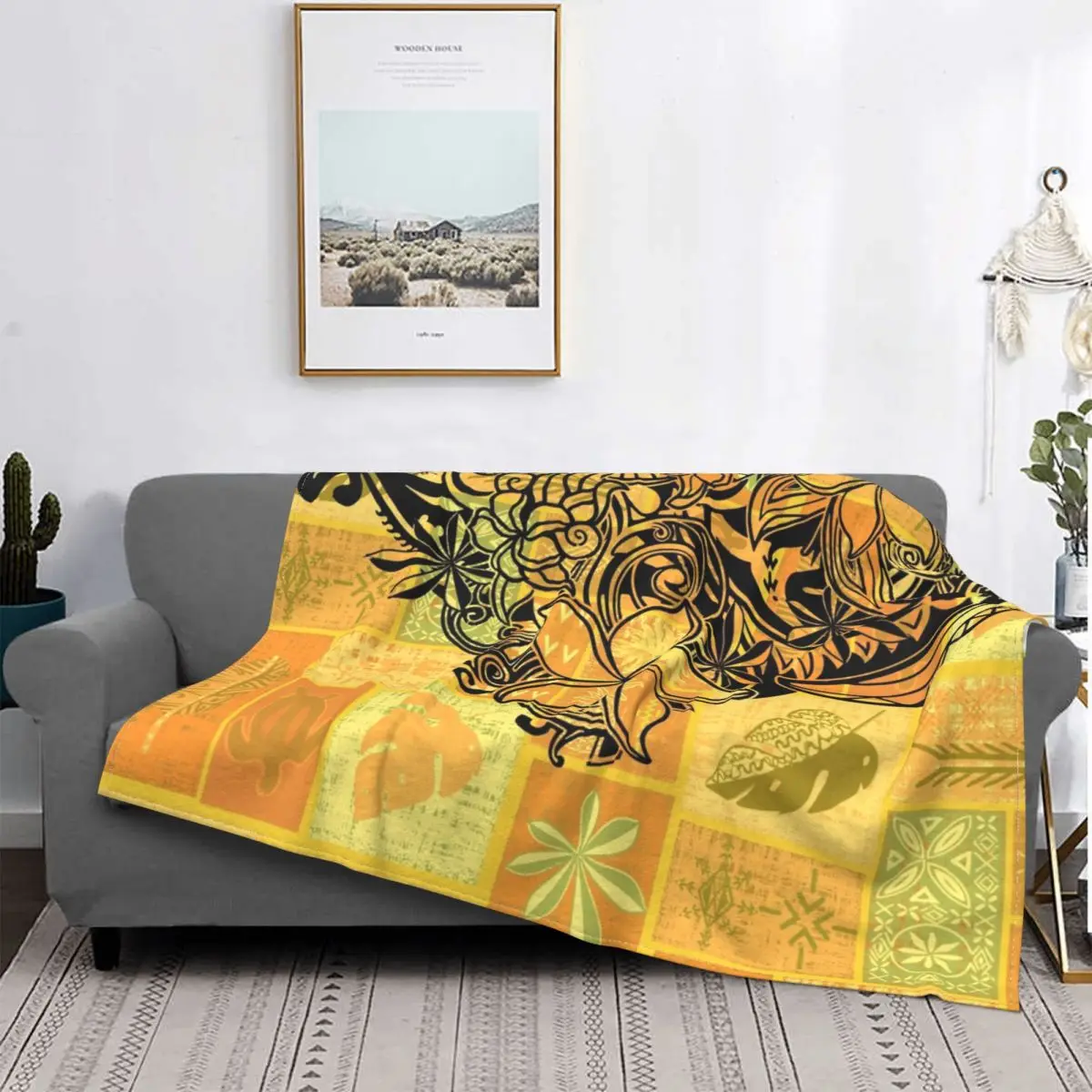 

Hawaiian Black Overlay With Golden Village Sunrise Tiare Tapa Blanket Flannel Warm Throw Blankets Sofa Throw Blanket Bedding