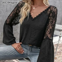 women lace stitching hollow v neck tops solid color long sleeve blouses loose clubwear party casual pullovers t shirt feminine
