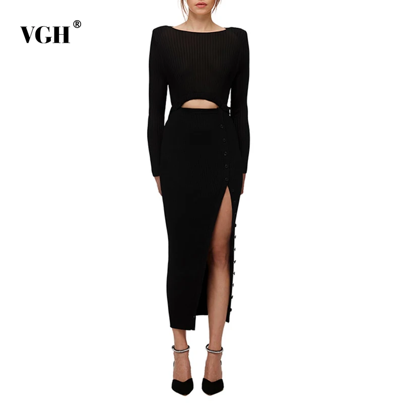 

VGH Knitting Slim Cut Out Side Split Black Dress Female Round Neck Long Sleeve High Wiast Maxi Dresses For Women 2021 Autumn New