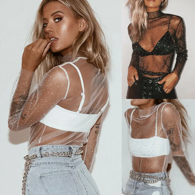 

Women Lace Mesh Polka Dot Long Sleeve See-through Turtleneck Top Ladies Sheer T-Shirt New