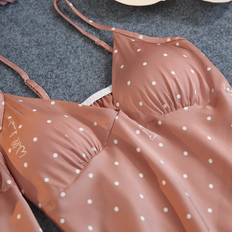 4 Pcs Set Women Sexy Ice Silk Pyjamas Polka Dot Print Middle Sleeve Chest Pad Suit Pajamas