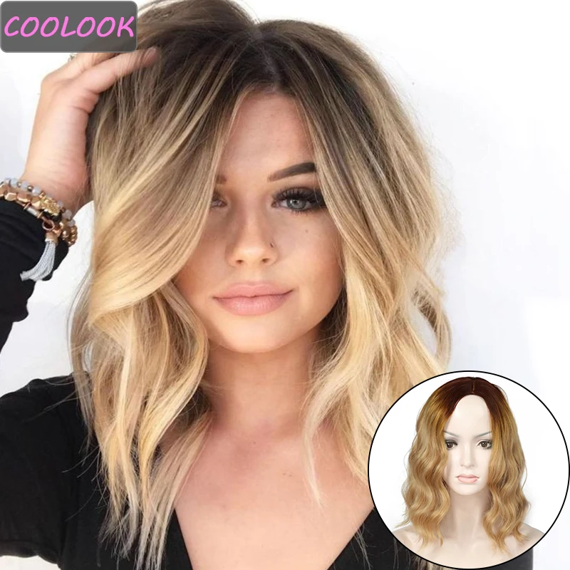 

14'' Blonde Bob Wavy Wig African American Synthetic Cosplay Lolita Wave Wig Heat Resistant Fibre Ombre Blond Wigs for Afro Women