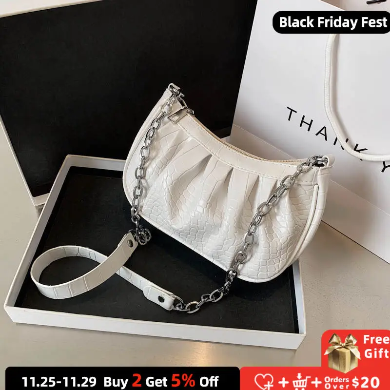 

Женские маленькие сумки-багеты из мягкой искусственной кожи в ретро-стиле, складывающиеся сумки на плечо с мини-цепочкой, сумочка-тоут ярки...