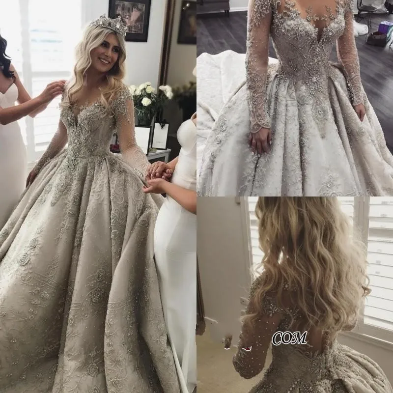 Роскошные свадебные платья с кристаллами и бусинами длинным рукавом 3D кружевной