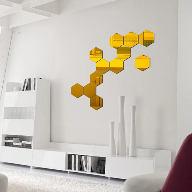 12 шт./компл. 3D шестигранные акриловые зеркальные настенные наклейки DIY
