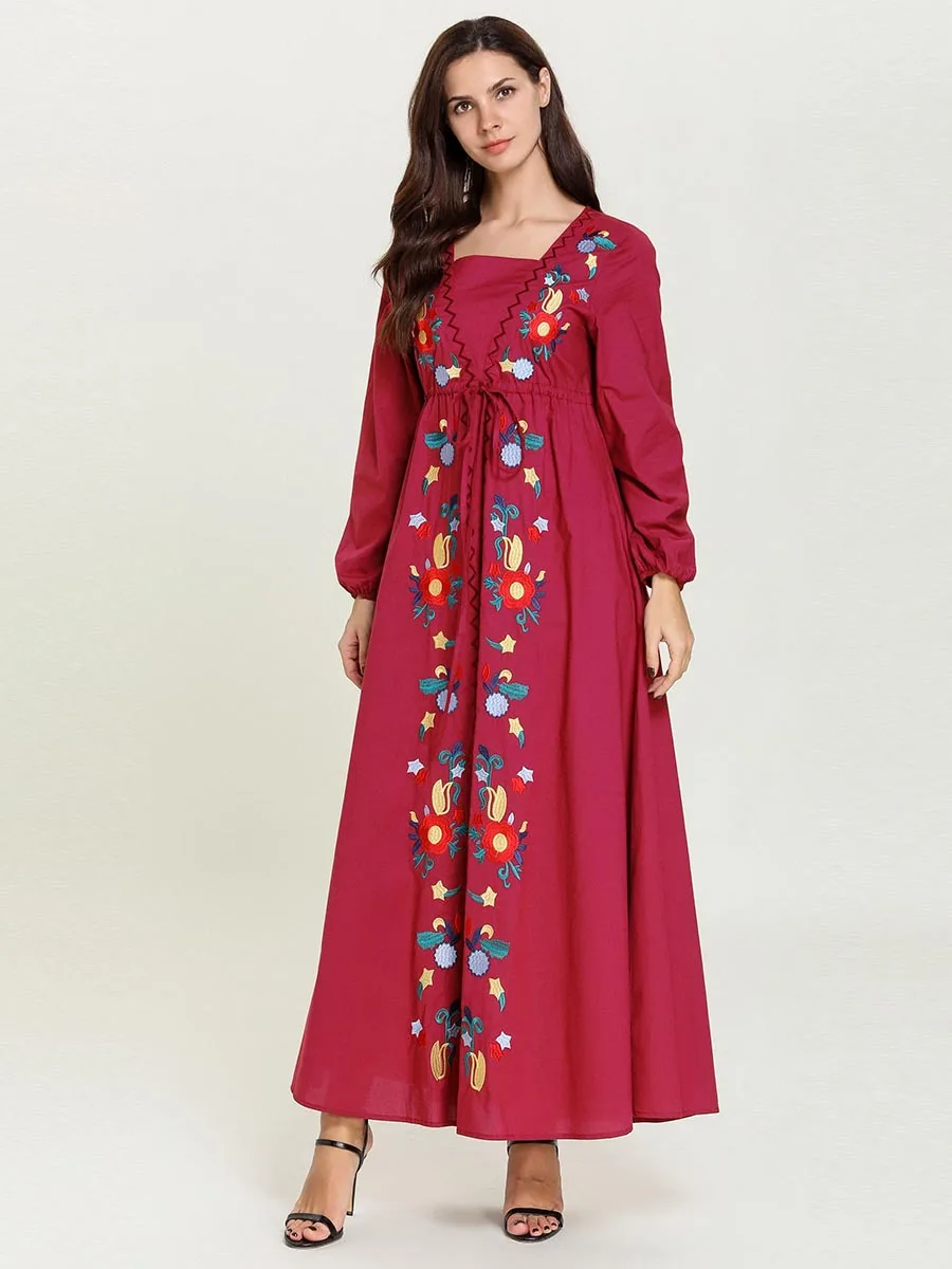 

Muslim dress Dignified comfortable Arabian women's rose red embroidered lace-up puff sleeve long skirt Abaya Dubai Dresses