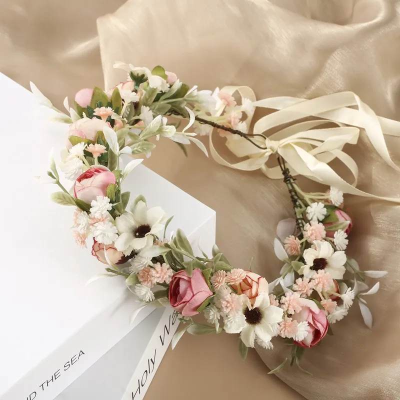 Corona de flores para novia, tocado Retro bohemio, bandana de mimbre de imitación rosa, diadema con guirnaldas florales, accesorios de foto de viaje para playa y boda
