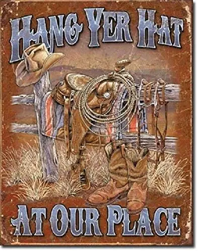 

Hang Yer Hat at Our Place Welcome Rustic Horse Cowboy Wall Decor 12x16 INCH Metal Tin Sign Plaque Poster