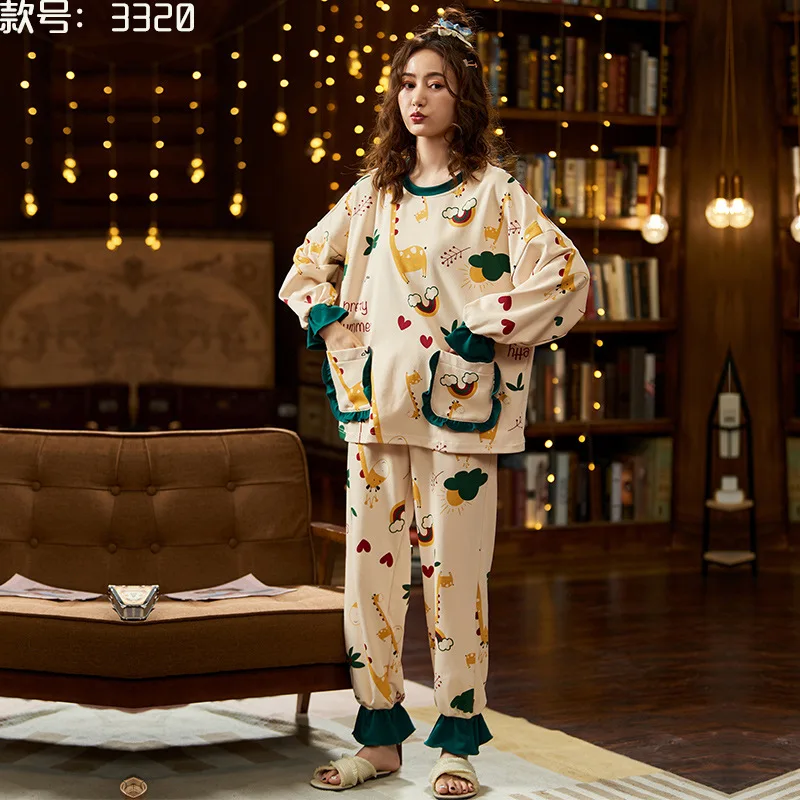 Pajamas Women's Long Sleeve Spring Autumn Cotton Winter Korean Cartoon Cute Casual Pants Can Wear Two Sets of Home Clothes